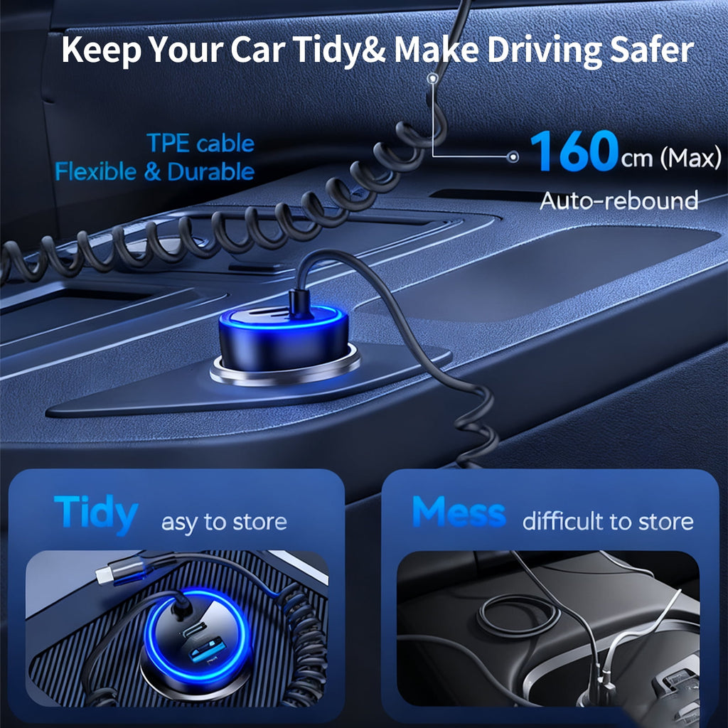 USB C Car Charger, 60W Fast Charging Dual Port PD & QC 3.0 Car Phone Charger Adapter with 5ft Built-in Type C Cable for iPhone, Samsung, Android Phones, Tablets